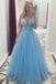 a-line v-neck long light blue prom dresses with beading dtp789