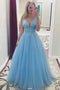 A-Line V-Neck Long Light Blue Prom Dresses with Beading