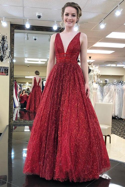 Shop Elegant V neck Tulle Sequins Burgundy Long Prom Party Dress