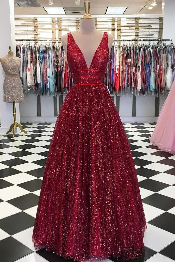 Shop Elegant V neck Tulle Sequins Burgundy Long Prom Party Dress