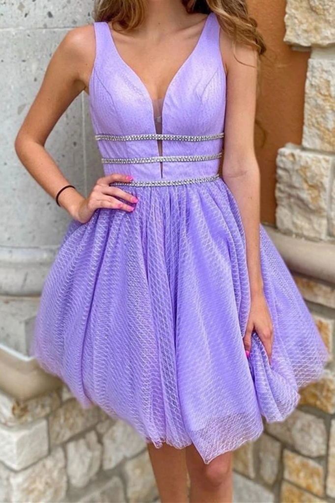 graduation homecoming dress with beading lavender a-line v neck short prom dresses dth81