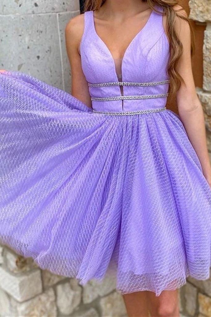 Lavender A-line V Neck Short Prom Dresses, Graduation Homecoming Dress With Beading