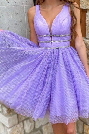 Lavender A-line V Neck Short Prom Dresses, Graduation Homecoming Dress With Beading