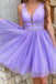 Lavender A-line V Neck Short Prom Dresses, Graduation Homecoming Dress With Beading