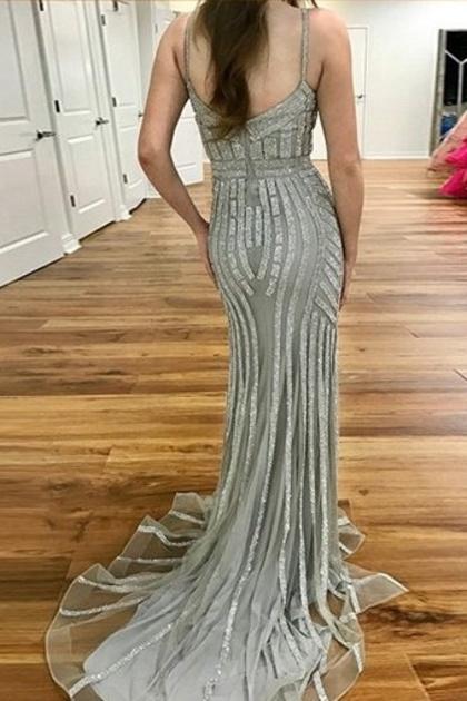 sparkly long spaghetti straps beading tulle mermaid prom dress dtp345