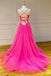 Simple Backless Prom Dress A Line V Neck Long Tulle Hot Pink Formal Dress