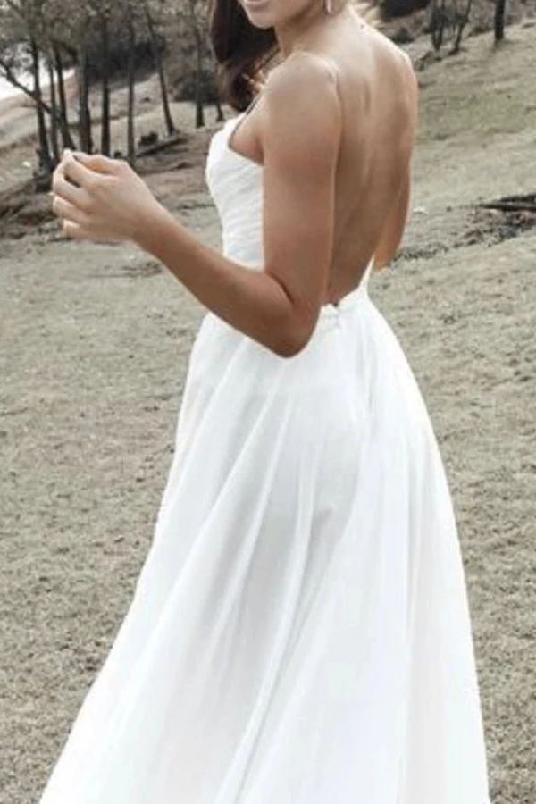 Simple Beach Wedding Dresses Chiffon Split Ruched Neck