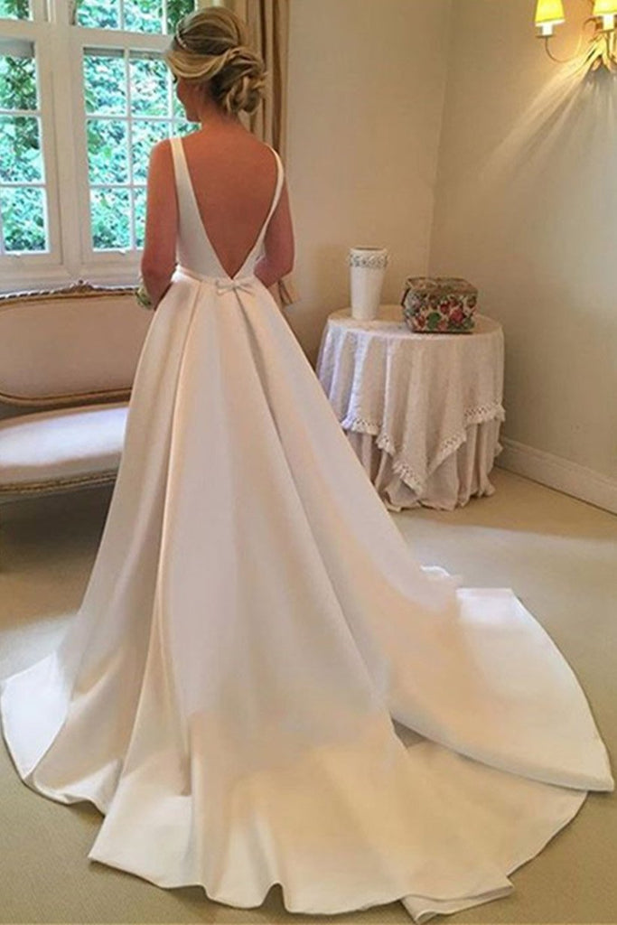 Simple A Line Bateau Satin Backless Wedding Dress With Train