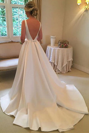 Simple A-Line Bateau Satin Backless Wedding Dress With Train