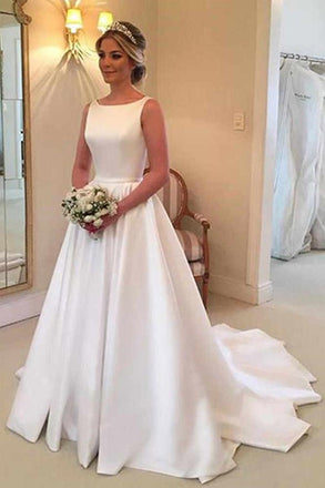 simple a-line bateau satin backless wedding dress with train dtw182