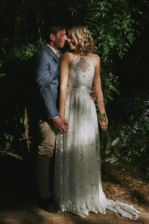 Boho Lace Wedding Dress, A-Line Halter Lace Beach Wedding Dress