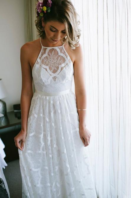 a-line halter lace beach wedding dress boho lace wedding dress dtw154