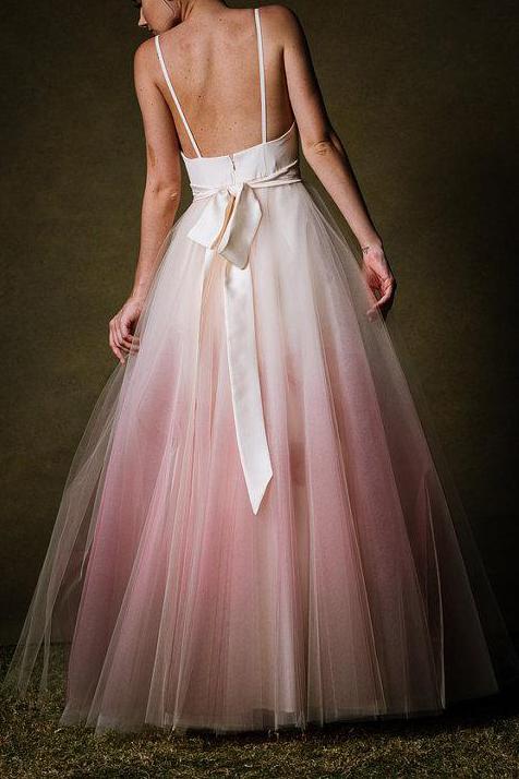 Low Back Long Evening Gown Elegant A line Ombre Prom Wedding Dress
