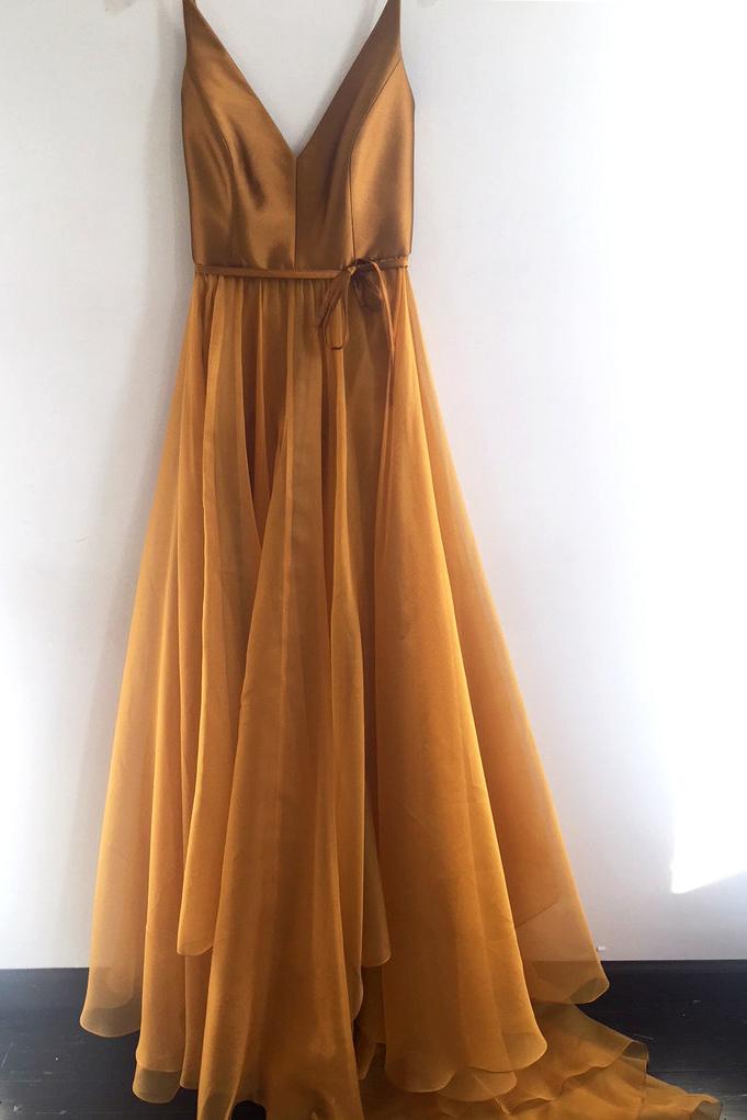 Simple Gold Long Prom Dress V neck Bodice With Spaghetti-Straps