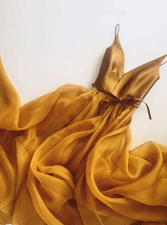 simple gold long prom dress v neck bodice with spaghetti-straps dtp461