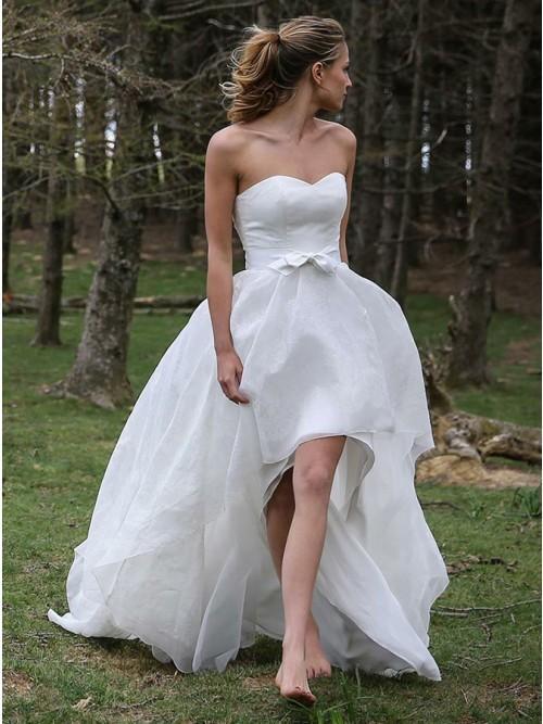 Simple High Low Organza Beach Flowy Wedding Dress with Bowknot