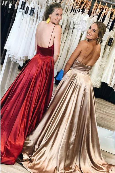 spaghetti-straps simple long prom dresses sexy backless evening gowns dtp1189