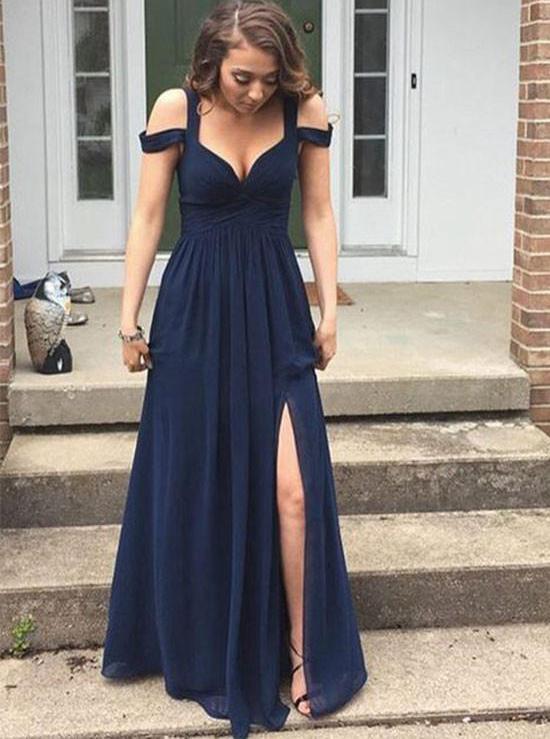Simple Navy Blue A-line Straps Drop Sleeves Split Long Prom Dress DTP383 DressTok.co.uk Simple Navy Blue A-line Straps Drop Sleeves Split Long Prom Dress DTP383 DressTok.co.uk