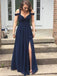 Simple Navy Blue A-line Straps Drop Sleeves Split Long Prom Dress