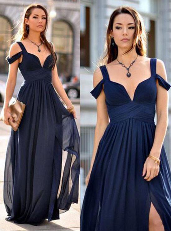 simple navy blue a-line straps drop sleeves split long prom dress dtp383