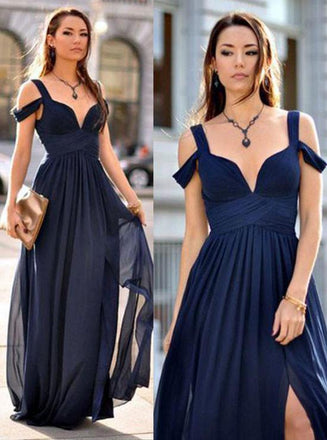 simple navy blue a-line straps drop sleeves split long prom dress dtp383