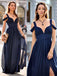simple navy blue a-line straps drop sleeves split long prom dress dtp383