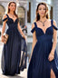 Simple Navy Blue A-line Straps Drop Sleeves Split Long Prom Dress