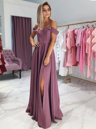 simple off-shoulder prom dress long bridesmaid dresses with slit dtp504