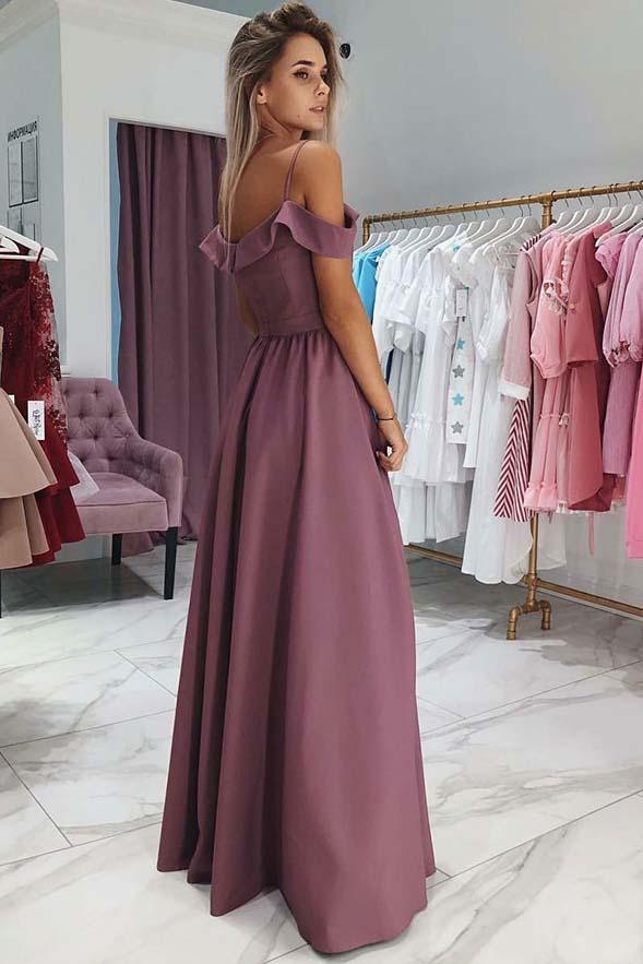 Simple Off-Shoulder Prom Dress Long Bridesmaid Dresses With Slit DTP504   DressTok.co.uk