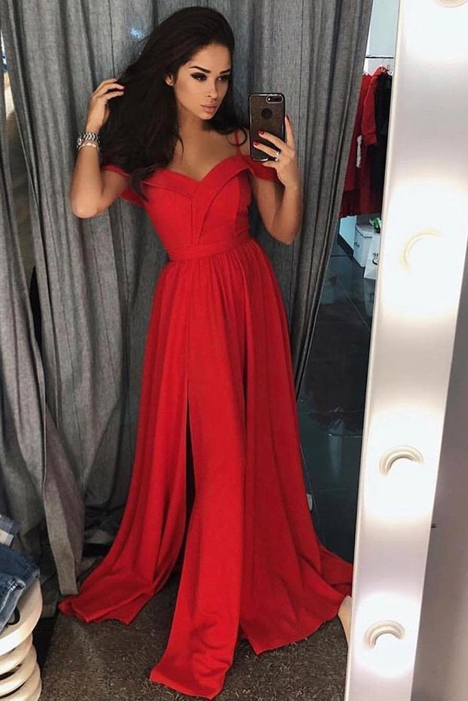 Simple Off-Shoulder Prom Dress Long Bridesmaid Dresses With Slit