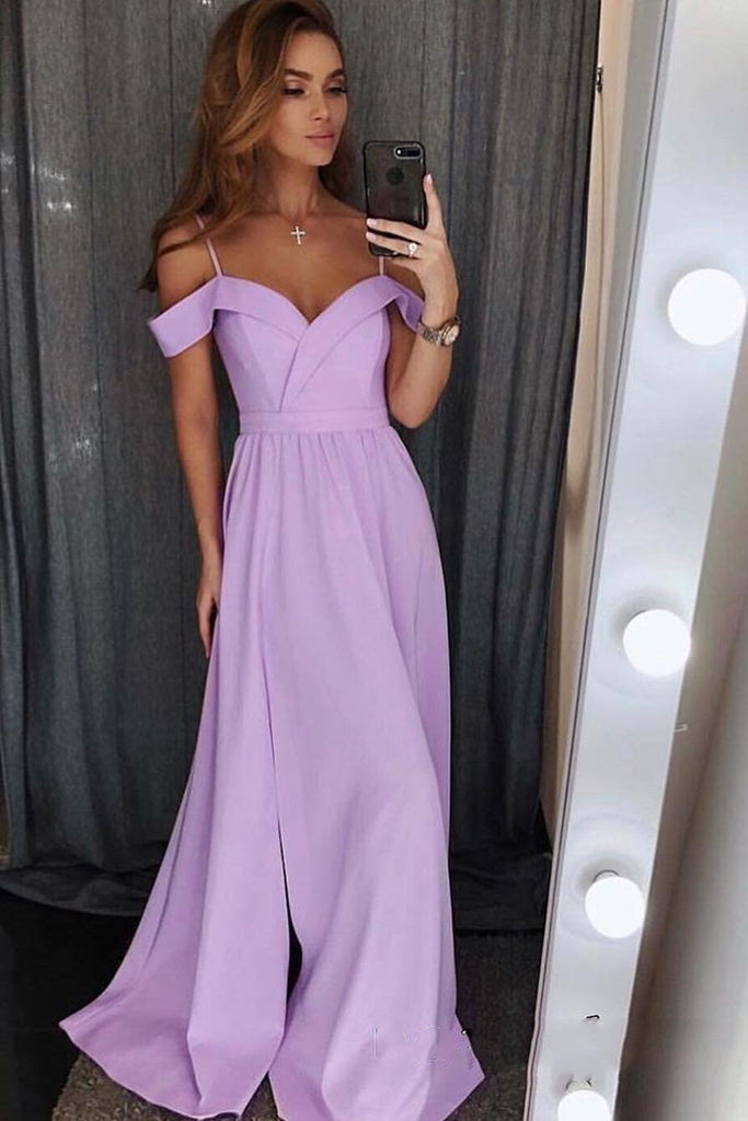 Simple Off-Shoulder Prom Dress Long Bridesmaid Dresses With Slit