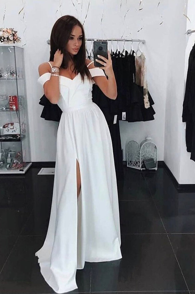 Simple Off-Shoulder Prom Dress Long Bridesmaid Dresses With Slit
