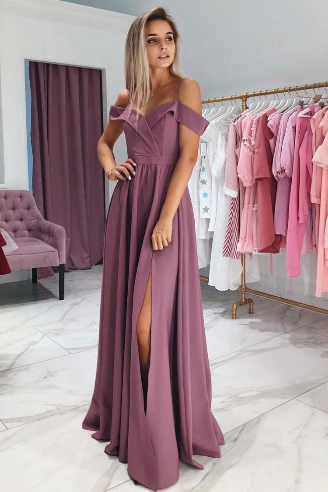 Simple Off-Shoulder Prom Dress Long Bridesmaid Dresses With Slit