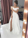 simple off-the-shoulder white a-line wedding dress with slit dtw161