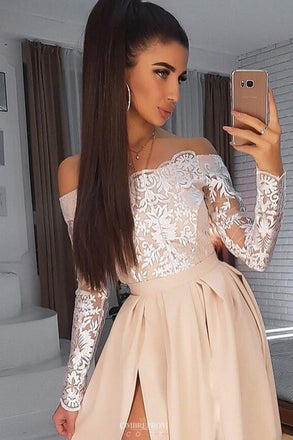 Simple Satin Long Prom Dress Lace Off-Shoulder Long Sleeves With Slit