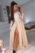 Simple Satin Long Prom Dress Lace Off-Shoulder Long Sleeves With Slit