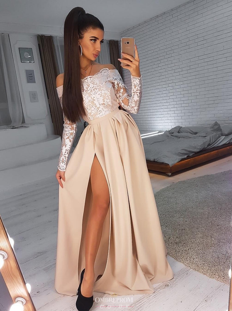 simple satin long prom dress lace off-shoulder long sleeves with slit dtp583
