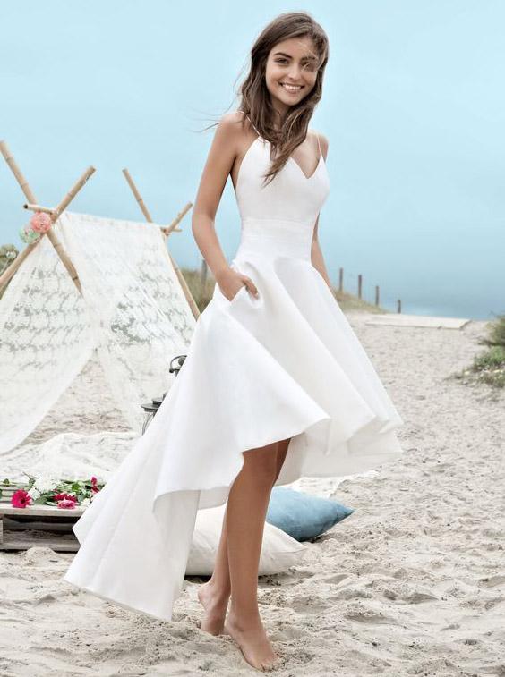 Backless Beach Wedding Dress with Pocket, Simple High Low Wedding Dress