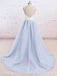Simple Spaghetti Straps Tulle Waist Appliques Baby Blue Backless Prom Dress