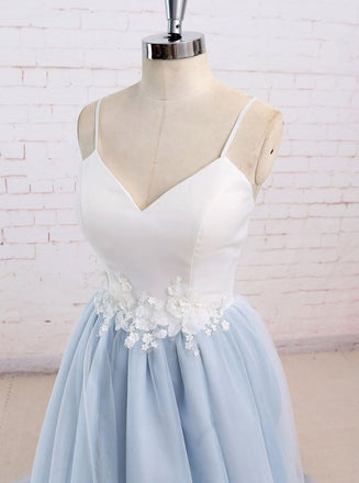 simple spaghetti straps tulle waist appliques baby blue backless prom dress dtp364