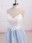 Simple Spaghetti Straps Tulle Waist Appliques Baby Blue Backless Prom Dress