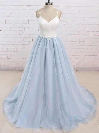 Simple Spaghetti Straps Tulle Waist Appliques Baby Blue Backless Prom Dress