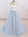 Simple Spaghetti Straps Tulle Waist Appliques Baby Blue Backless Prom Dress