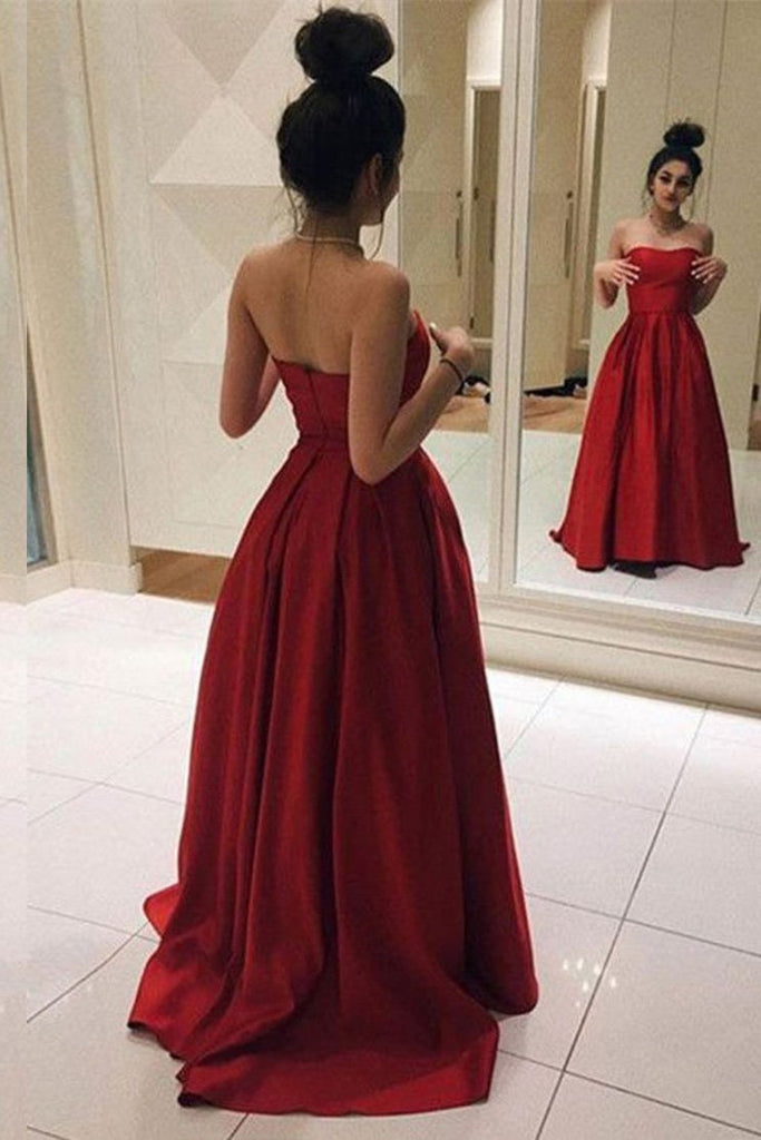 Simple Strapless Satin Floor Length Red Long Prom Dress