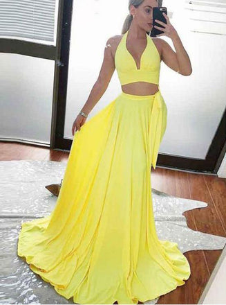 Simple Yellow Halter V-neck Two Piece Long Prom Dress With Split