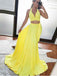 Simple Yellow Halter V-neck Two Piece Long Prom Dress With Split
