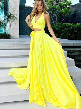 simple yellow halter v-neck two piece long prom dress with split dtp369