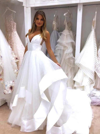 a-line simple wedding dress backless bridal gown with deep v neck dtw87