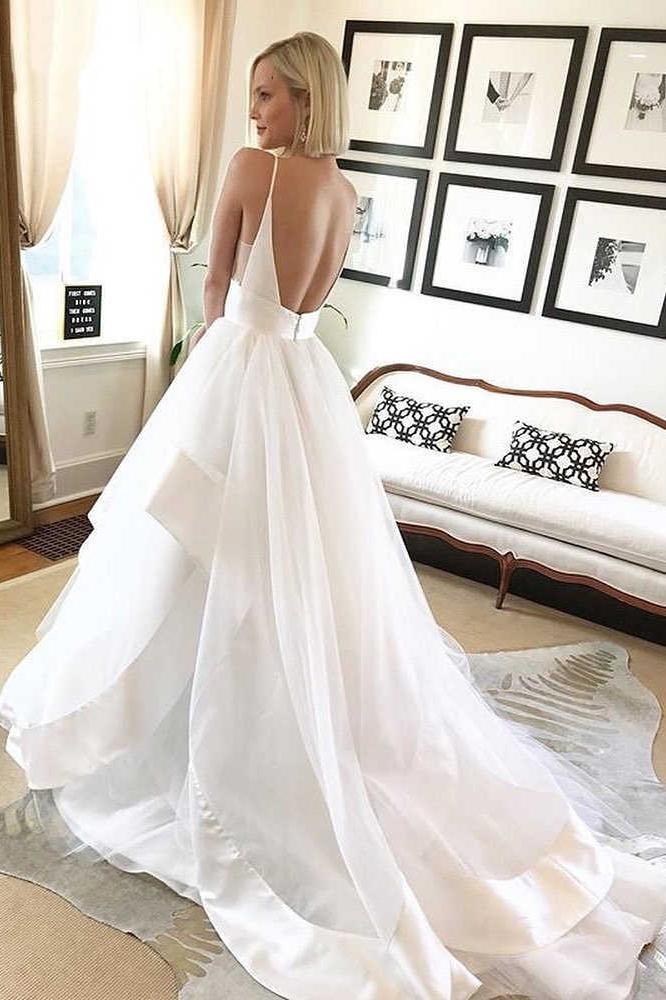 a-line simple wedding dress backless bridal gown with deep v neck dtw87