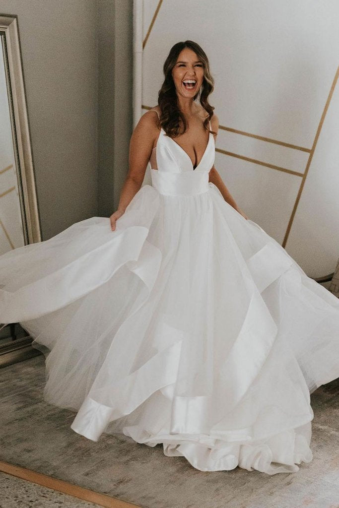 A-Line Simple Wedding Dress Backless Bridal Gown With Deep V Neck DTW87 DressTok.co.uk A-Line Simple Wedding Dress Backless Bridal Gown With Deep V Neck DTW87 DressTok.co.uk